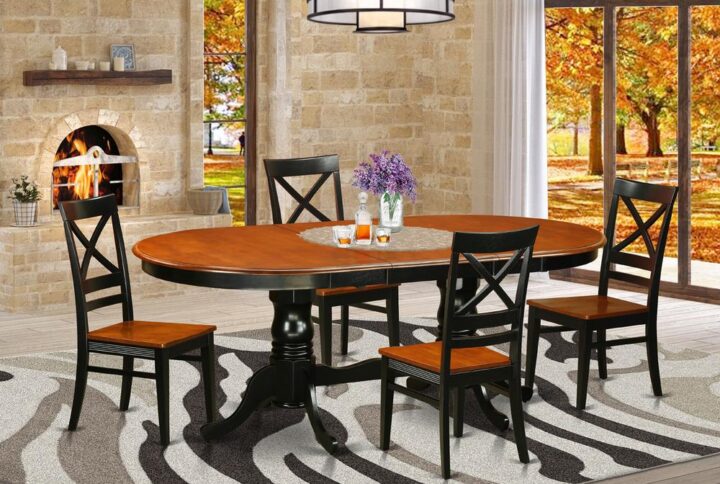 This unique dining room set includes double pedestal table plus four chairs with maximum seating capacity up to ten people. This is oval table of 18 inch self-storage leaf with beautiful pedestal with four strong feet that provides ideal support. Perfect dining room set to decor your dining-room or kitchen space with its marvelous appearance. Our products are made from all rubber wood. One of solid wood widely called Asian Hardwood. There is no MDF (Medium-density fiberboard)