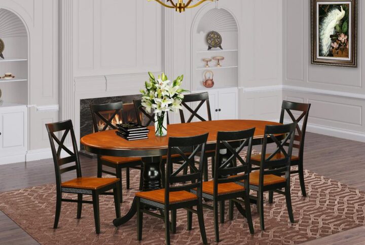 This kind of table set includes double pedestal table and also eight chairs with maximum seating capacity up to ten people. This is oval table of 18 inch self-storage leaf with beautiful pedestal with four strong feet that provides ideal support. Perfect table and chairs set to decor your dining space or kitchen area with its incredible appearance. Our products are made out of all rubber wood. One of solid wood widely called Asian Hardwood. There is no MDF (Medium-density fiberboard)