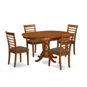 This oval exceptional small kitchen table sets enhance any type of kicthen space with rich accents and complicated design. These types of dinette set gives you attractiveness and pretty simple decor for a relaxing and relaxed impression with a pretty simple warm look. High-class dining table set is finished in distinctive Saddle Brown. Oval table featuring versatile 18” butterfly leaf for more family and friends as needed. Pristine ladder back type kitchen dining chairs with either synthetic leather