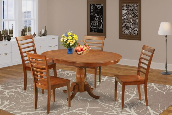 This oval exquisite dining room table sets harmonize with all dining-room with unique accents and complicated style and design. These particular small table set provides attractiveness and straight forward design and style for a comfortable and relaxed sense with an user-friendly touch of elegance. Exquisite table set is finished in rich Saddle Brown. Oval kitchen table that includes convenient 18” foldable leaf for more friends and family as needed. Pristine ladder back type dining chairs with either faux leather