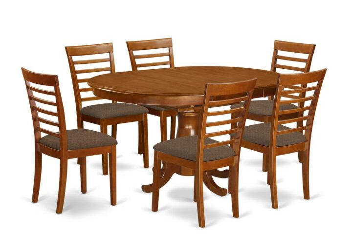 This oval exceptional table and chairs sets enhance any kind of dining-room with rich highlights and advanced style and design. These kind of dining room table set boasts fascination and easy decor for a relaxing and peaceful effect with an user-friendly touch of class. Tasteful table set is finished in lavish Saddle Brown. Oval table that includes useful 18” expansion leaf for extra guests when necessary. Wonderful ladder back model kitchen dining chairs with either synthetic leather