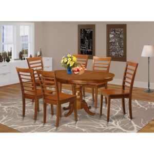 This oval exquisite table and chairs sets match up with any dining-room with rich features and advanced style. These types of table and chairs set features fascination and straight forward style and design for a cozy and peaceful effect with a simple touch of elegance. Exquisite kitchen table set is finished in vibrant Saddle Brown. Oval dining tables featuring convenient 18” butterfly leaf for extra visitors if needed. Good looking ladder back model dining room chairs with either synthetic leather