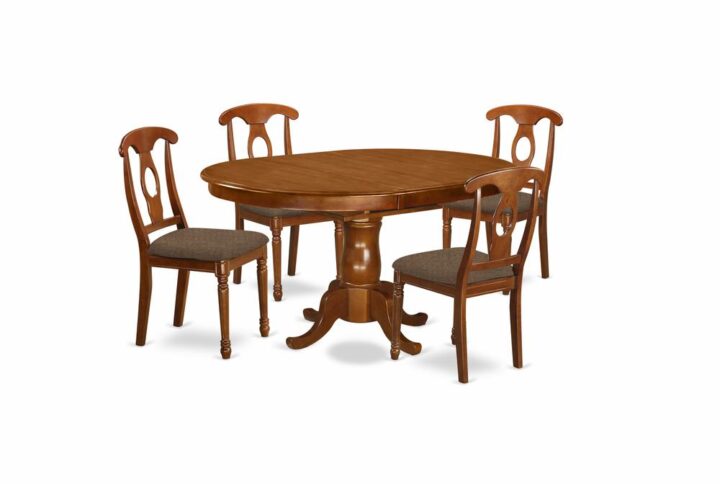 This oval fashionable small kitchen table sets enhance any type of dining room with unique accents and advanced design. These types of dinette set features appeal and easy style for a comfy and relaxed perception with a pretty simple warm look. Exquisite small kitchen table set is finished in distinctive Saddle Brown. Oval table that includes versatile 18” foldable leaf for extra guests when needed. Kitchen dining chairs have an “S” curve for back comfort with an elegant round inset with either Linen Fabric or solid wood seat or the seat. Fabricated out of 100 % pure Asian wood for toughness
