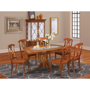 This oval graceful table sets match up with any kind of dining-room with rich features and innovative style and design. These kind of dining table set presents fascination and straight forward design and style for a comfortable and peaceful perception with a simple warm look. Fashionable dinette set is finished in distinctive Saddle Brown. Oval dining table which has convenient 18” expansion leaf for more guests when needed. Dining room chairs feature an “S” shape for back comfort with a complicated circle inset with either microfiber upholstered or solid wood seat or the seat. Fabricated out of 100 % pure Asian wood for resilience