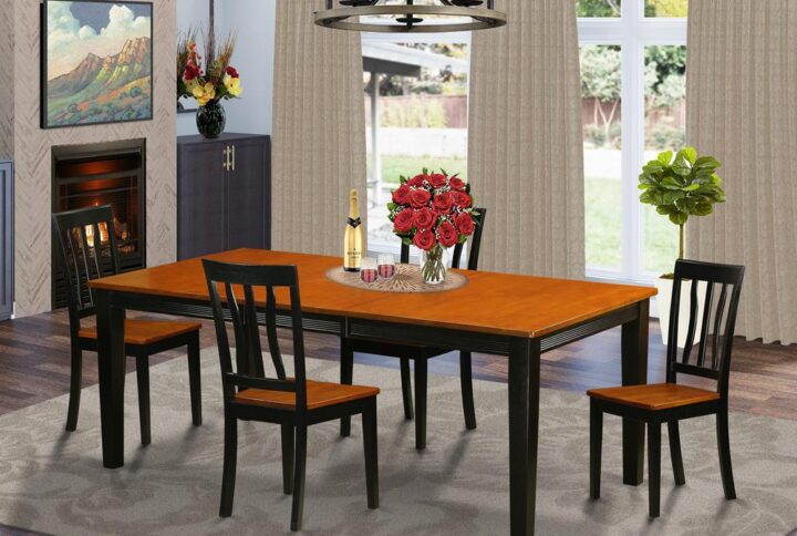This excellent beautiful 5 piece set with 4 wood seat chairs and one rectangular shaped dining table with genuine rubber woodis great for your small space or dining-room. Black & Cherry table top finish will add a particular and fancy touch to your present design vogue. Various personalisation options available for table top