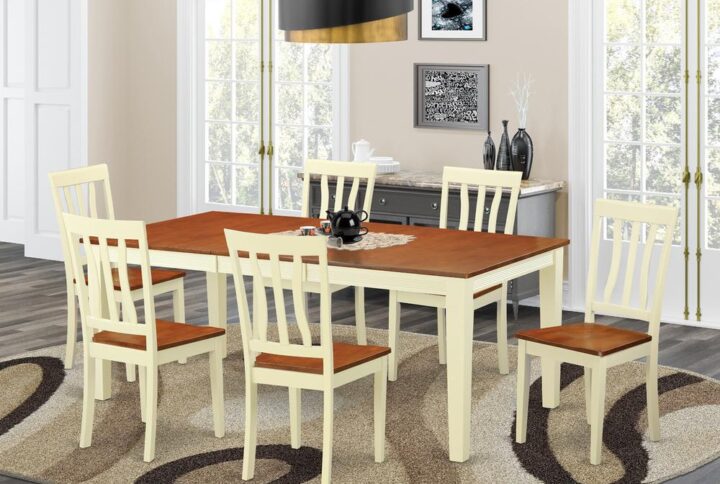 The dinette set consists of a dining table and six dinette chairs