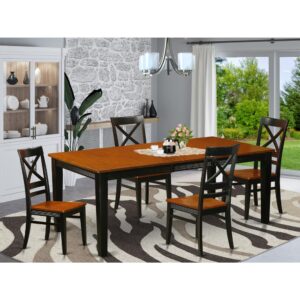 Contemporary four legged table and chairs set for dining room or eat in kitchen space. Two tone rectangle-shaped small dining table with brown top and Black legs. High back dinette chair with gentle curves