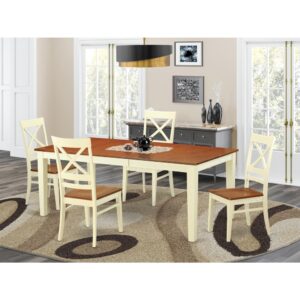 Contemporary four legged table and chairs set for dining area or eat in kitchen. Two tone rectangular small kitchen table with brown top and white legs. High back dining room chair with soft curves