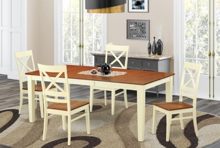 Contemporary four legged table and chairs set for dining area or eat in kitchen. Two tone rectangular small kitchen table with brown top and white legs. High back dining room chair with soft curves