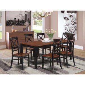 Contemporary four legged table set for dining room or eat in kitchen space. Two tone rectangular small table with brown top and Black legs. High back kitchen dining chairs with soft curves