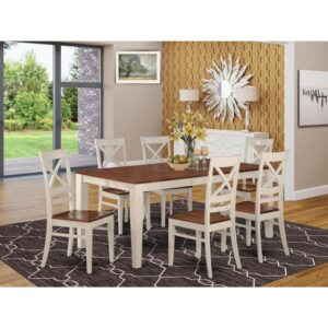 Contemporary four legged table and chairs set for dining-room or eat in home's kitchen. Two tone rectangle-shaped dining tables with brown top and white legs. High back kitchen dining chairs with delicate curves