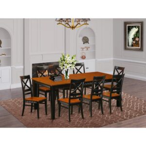 Fashionable four legged dinette set for dining area or eat in kitchen space. Two tone rectangle dining table with brown top and Black legs. High back kitchen chair with soft curves