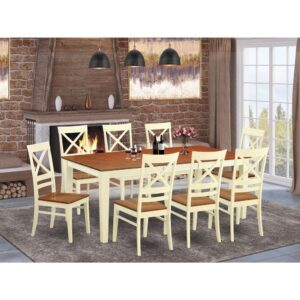 Contemporary four legged table set for dining room or eat in home's kitchen. Two tone rectangle dining tables with brown top and white legs. High back dining chair with delicate curves