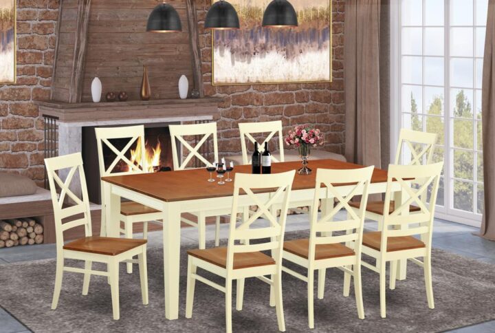 Contemporary four legged table set for dining room or eat in home's kitchen. Two tone rectangle dining tables with brown top and white legs. High back dining chair with delicate curves