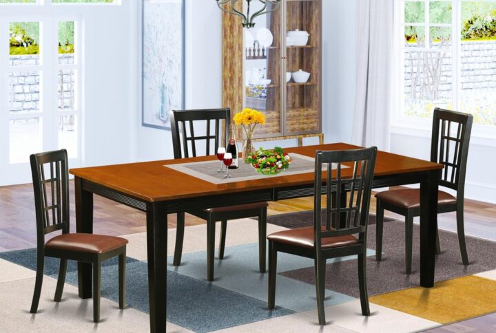 This specific table and chairs set includes one rectangular table and 4 chairs. Well suited for using in the dining area or kitchen space