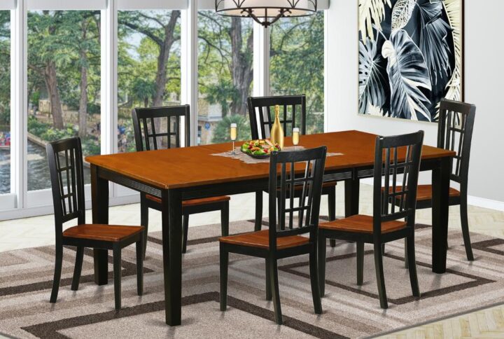 This table set includes one rectangular table and six chairs. Perfect for using in the dining space or kitchen space