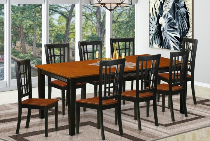This excellent table and chairs set includes one rectangular table and eight chairs. Ideal for using in the dining area or small space
