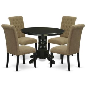 Turn your house into a home with this exclusive and sophisticated SHBR5-BLK-17 kitchen dinette set. The classic round dinette table offers a stunning black color to enhance any kind of living area or home's kitchen area for any occasions. A thick curled ornate pedestal base provides strength and state-of-the-art impression to the round dining room table. Made up of rubber wood