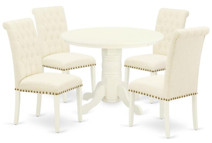 Turn your house into a home with this exclusive and sophisticated SHBR5-WHI-02 kitchen dinette set. The classic round dinette table offers a stunning linen white color to enhance any kind of living area or home's kitchen area for any occasions. A thick curled ornate pedestal base provides strength and state-of-the-art impression to the round dining room table. Made up of rubber wood