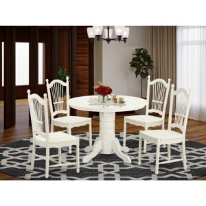 Lighten up a dining area or generate a warm dining space in a small space with this 5 piece dinette set. This set provides a round pedestal table and four sheaf back style kitchen dining chairs. The Linen White finish adds an excellent country cottage or shabby chic look to any dining area or kitchen area. This round table is best for kitchens or dining rooms. Its compact size makes it perfect for apartments