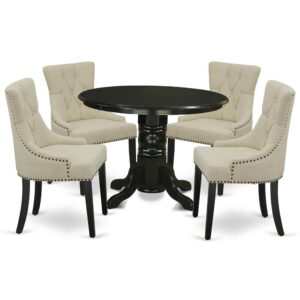 Turn your house into a home with this exclusive and sophisticated SHFR5-BLK-02 kitchen dinette set. The classic round dinette table offers a stunning black color to enhance any kind of living area or home's kitchen area for any occasions. A thick curled ornate pedestal base provides strength and state-of-the-art impression to the round dining room table. Made up of rubber wood