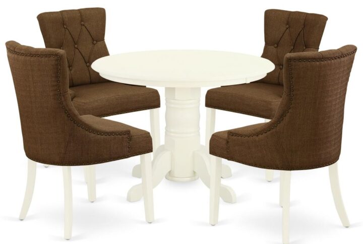 Turn your house into a home with this exclusive and sophisticated SHFR5-WHI-18 kitchen dinette set. The classic round dinette table offers a stunning linen white color to enhance any kind of living area or home's kitchen area for any occasions. A thick curled ornate pedestal base provides strength and state-of-the-art impression to the round dining room table. Made up of rubber wood