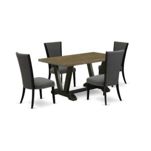 Our modern small dining set includes 1 modern wooden tabletop and 4 kitchen chairs. This modern wood dining table has a rectangular tabletop and gorgeous wooden legs. The hardwood frame and softly padded seat and back ensure that these padded dining chairs sturdiness and offer suitable support to your back. In addition to their ideal size