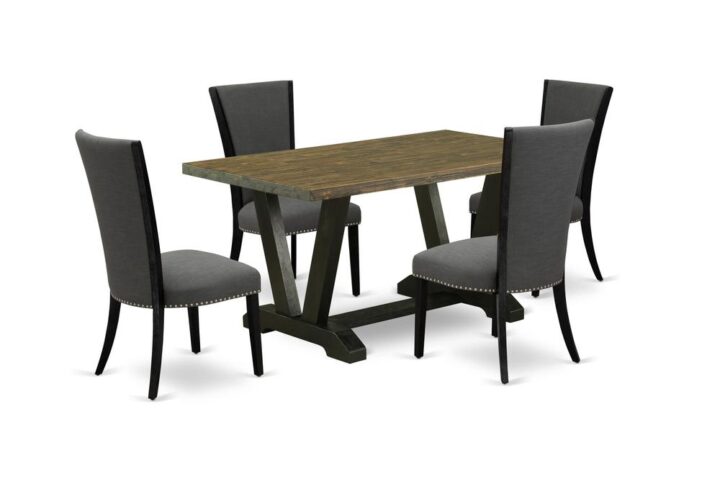 Our modern small dining set includes 1 modern wooden tabletop and 4 kitchen chairs. This modern wood dining table has a rectangular tabletop and gorgeous wooden legs. The hardwood frame and softly padded seat and back ensure that these padded dining chairs sturdiness and offer suitable support to your back. In addition to their ideal size
