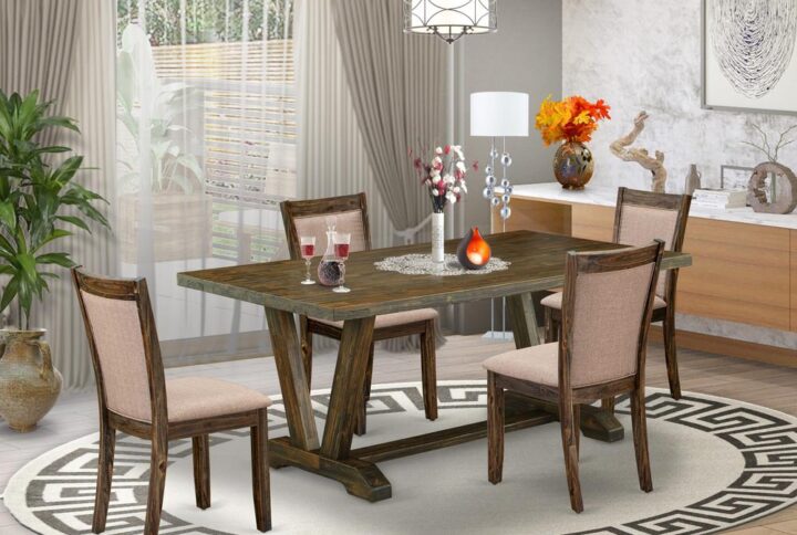 East West Furniture Modern Dining Table Set This Mid Century Dining Set  Contains 1 Dinner Table And 4 Matching Modern Chairs. The Wood Kitchen Table Set  Is Constructed Of Fine Rubberwood For Good Quality And Endurance. A Rectangular-Shaped Wooden Table Is Built In A Unique Style With Distinct Aspects And Linen Fabric Upholstered Dining Chairs Will Inspire Everyone Who Comes To The Dining-Room. The Wooden Dining Table Contains V-Style Legs To Offer Maximum Stability In The Dinner. The Innovative And Stylish Design Of The Dinning Table Set  Easily Blends In Any Kitchen. The Upholstered Seat Of The Wooden Dining Chairs Is Made Of Linen Fabric That Raises The Modern Dining Table Design. Our Modern Dining Room Table Set  Is Very Simple To Clean With A Damp Cloth And Always Offers A Sophisticated Appeal. The Installation Process Of Our Luxurious Table Set  Is Not Difficult And Straightforward To Operate. Each Rustic Dining Table Set  Comes Conveniently With Easy-To-Follow Instructions And All Necessary Equipment Included. You Simply Need To Follow The Steps In The Guide Book To Accomplish The Installation In A Short Time.