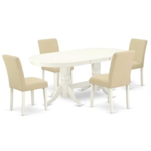 The VAAB5-LWH-02 dinette set is specifically created in a fashionable style with clean aspects which will direct and guide the room it occupies. The kitchen table with built-in self-storage butterfly leaf which fits 4 to 8 persons. Dazzling hardwood dinette table top with well-built carved pedestal support. Beveled oval shape to make welcoming kitchen space ambiance and finished in rich Linen White