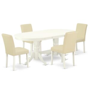 The VAAB5-LWH-64 dinette set is specifically created in a fashionable style with clean aspects which will direct and guide the room it occupies. Dazzling hardwood dinette table top with well-built carved pedestal support. Beveled oval shape to make welcoming kitchen space ambiance and finished in rich Linen White