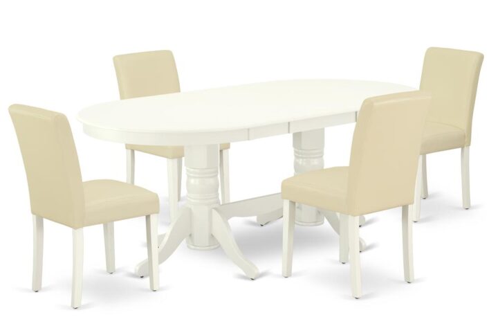 The VAAB5-LWH-64 dinette set is specifically created in a fashionable style with clean aspects which will direct and guide the room it occupies. Dazzling hardwood dinette table top with well-built carved pedestal support. Beveled oval shape to make welcoming kitchen space ambiance and finished in rich Linen White