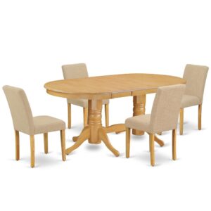 The VAAB5-OAK-04 dinette set is specifically created in a fashionable style with clean aspects which will direct and guide the room it occupies. The kitchen table with built-in self-storage butterfly leaf which fits 4 to 8 persons. Dazzling hardwood dinette table top with well-built carved pedestal support. Beveled oval shape to make welcoming kitchen space ambiance and finished in gorgeous Oak