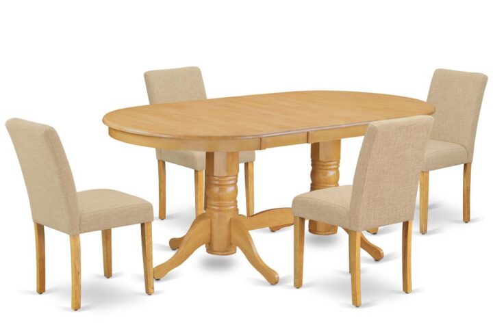The VAAB5-OAK-04 dinette set is specifically created in a fashionable style with clean aspects which will direct and guide the room it occupies. The kitchen table with built-in self-storage butterfly leaf which fits 4 to 8 persons. Dazzling hardwood dinette table top with well-built carved pedestal support. Beveled oval shape to make welcoming kitchen space ambiance and finished in gorgeous Oak