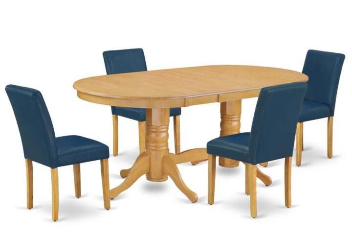 The VAAB5-OAK-55 dinette set is specifically created in a fashionable style with clean aspects which will direct and guide the room it occupies. The kitchen table with built-in self-storage butterfly leaf which fits 4 to 8 persons. Dazzling hardwood dinette table top with well-built carved pedestal support. Beveled oval shape to make welcoming kitchen space ambiance and finished in gorgeous Oak