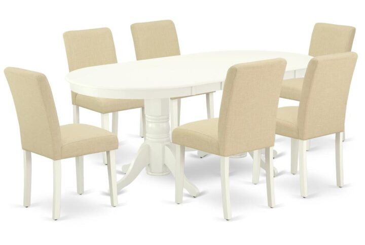 The VAAB7-LWH-02 dinette set is specifically created in a fashionable style with clean aspects which will direct and guide the room it occupies. The kitchen table with built-in self-storage butterfly leaf which fits 4 to 8 persons. Dazzling hardwood dinette table top with well-built carved pedestal support. Beveled oval shape to make welcoming kitchen space ambiance and finished in rich Linen White