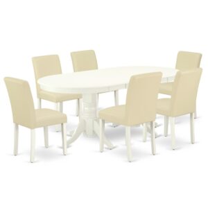 The VAAB7-LWH-64 dinette set is specifically created in a fashionable style with clean aspects which will direct and guide the room it occupies. Dazzling hardwood dinette table top with well-built carved pedestal support. Beveled oval shape to make welcoming kitchen space ambiance and finished in rich Linen White