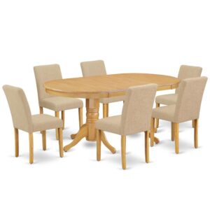 The VAAB7-OAK-04 dinette set is specifically created in a fashionable style with clean aspects which will direct and guide the room it occupies. The kitchen table with built-in self-storage butterfly leaf which fits 4 to 8 persons. Dazzling hardwood dinette table top with well-built carved pedestal support. Beveled oval shape to make welcoming kitchen space ambiance and finished in gorgeous Oak