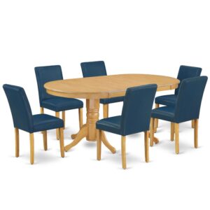 The VAAB7-OAK-55 dinette set is specifically created in a fashionable style with clean aspects which will direct and guide the room it occupies. The kitchen table with built-in self-storage butterfly leaf which fits 4 to 8 persons. Dazzling hardwood dinette table top with well-built carved pedestal support. Beveled oval shape to make welcoming kitchen space ambiance and finished in gorgeous Oak
