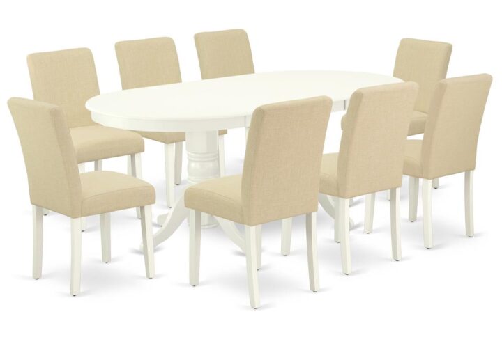 The VAAB9-LWH-02 dinette set is specifically created in a fashionable style with clean aspects which will direct and guide the room it occupies. The kitchen table with built-in self-storage butterfly leaf which fits 4 to 8 persons. Dazzling hardwood dinette table top with well-built carved pedestal support. Beveled oval shape to make welcoming kitchen space ambiance and finished in rich Linen White