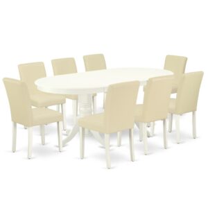 The VAAB9-LWH-64 dinette set is specifically created in a fashionable style with clean aspects which will direct and guide the room it occupies. Dazzling hardwood dinette table top with well-built carved pedestal support. Beveled oval shape to make welcoming kitchen space ambiance and finished in rich Linen White