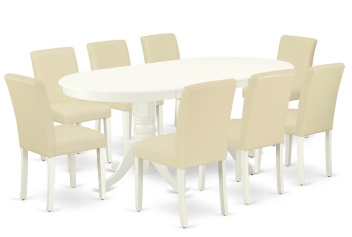 The VAAB9-LWH-64 dinette set is specifically created in a fashionable style with clean aspects which will direct and guide the room it occupies. Dazzling hardwood dinette table top with well-built carved pedestal support. Beveled oval shape to make welcoming kitchen space ambiance and finished in rich Linen White
