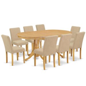 The VAAB9-OAK-04 dinette set is specifically created in a fashionable style with clean aspects which will direct and guide the room it occupies. The kitchen table with built-in self-storage butterfly leaf which fits 4 to 8 persons. Dazzling hardwood dinette table top with well-built carved pedestal support. Beveled oval shape to make welcoming kitchen space ambiance and finished in gorgeous Oak