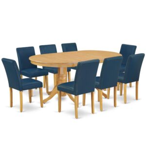 The VAAB9-OAK-55 dinette set is specifically created in a fashionable style with clean aspects which will direct and guide the room it occupies. The kitchen table with built-in self-storage butterfly leaf which fits 4 to 8 persons. Dazzling hardwood dinette table top with well-built carved pedestal support. Beveled oval shape to make welcoming kitchen space ambiance and finished in gorgeous Oak