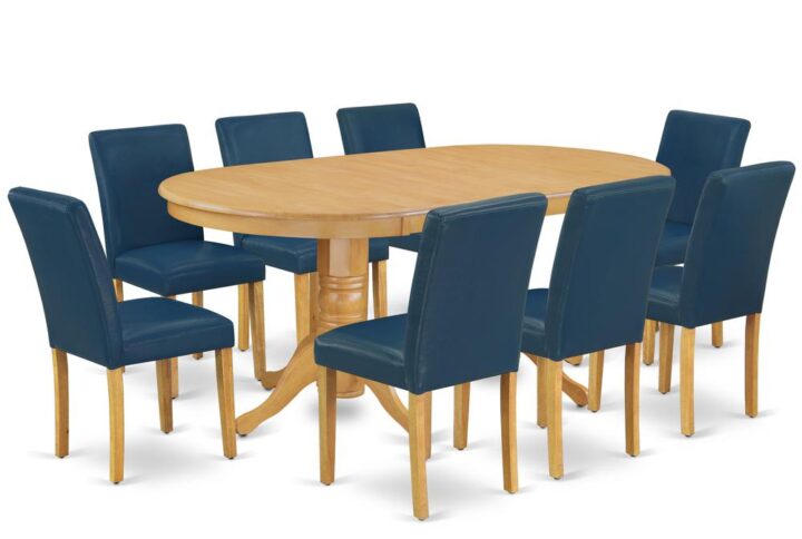 The VAAB9-OAK-55 dinette set is specifically created in a fashionable style with clean aspects which will direct and guide the room it occupies. The kitchen table with built-in self-storage butterfly leaf which fits 4 to 8 persons. Dazzling hardwood dinette table top with well-built carved pedestal support. Beveled oval shape to make welcoming kitchen space ambiance and finished in gorgeous Oak