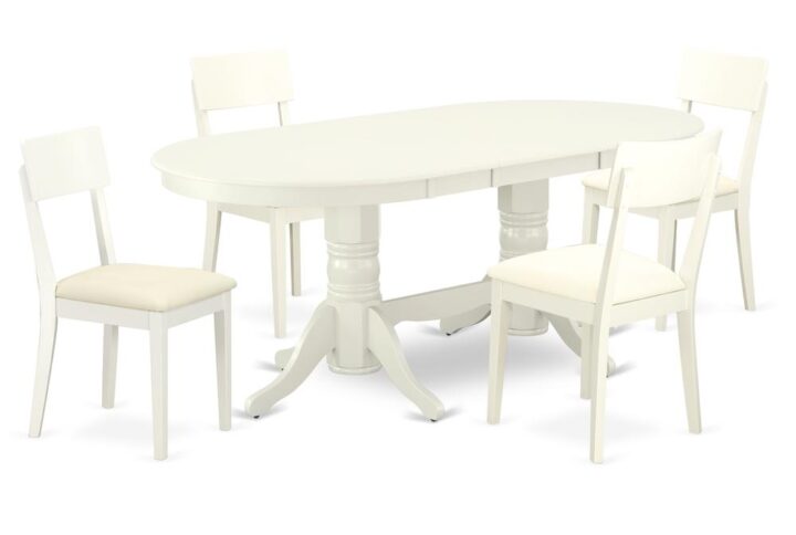 The exclusive VAAD5-LWH-LC dinette set is specifically crafted in a fashionable style with clean aspects which will direct and guide the room it occupies. The dining table with built-in self-storage butterfly leaf which fits 4 to 8 persons. Dazzling hardwood dinette table top with well-built carved pedestal support. Beveled oval shape to make welcoming kitchen space ambiance and finished in rich Linen White