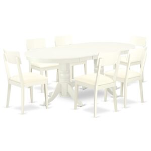 The exclusive VAAD7-LWH-LC dinette set is specifically crafted in a fashionable style with clean aspects which will direct and guide the room it occupies. The dining table with built-in self-storage butterfly leaf which fits 4 to 8 persons. Dazzling hardwood dinette table top with well-built carved pedestal support. Beveled oval shape to make welcoming kitchen space ambiance and finished in rich Linen White