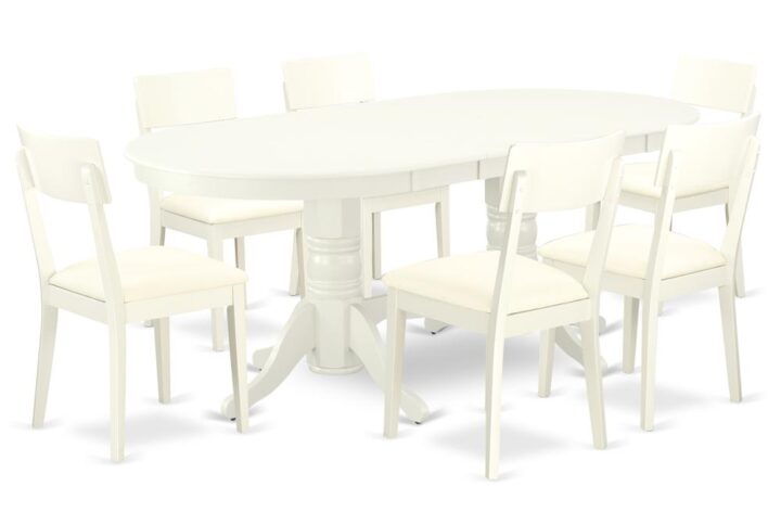 The exclusive VAAD7-LWH-LC dinette set is specifically crafted in a fashionable style with clean aspects which will direct and guide the room it occupies. The dining table with built-in self-storage butterfly leaf which fits 4 to 8 persons. Dazzling hardwood dinette table top with well-built carved pedestal support. Beveled oval shape to make welcoming kitchen space ambiance and finished in rich Linen White