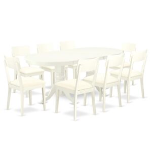 The exclusive VAAD9-LWH-LC dinette set is specifically crafted in a fashionable style with clean aspects which will direct and guide the room it occupies. The dining table with built-in self-storage butterfly leaf which fits 4 to 8 persons. Dazzling hardwood dinette table top with well-built carved pedestal support. Beveled oval shape to make welcoming kitchen space ambiance and finished in rich Linen White
