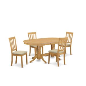 This kind of kitchen table set comes with a long oval shaped kitchen table that has 2 pedestals. This present day looking set has 4 seats and thus has a maximum seating capacity of 4 persons. The product has a fine